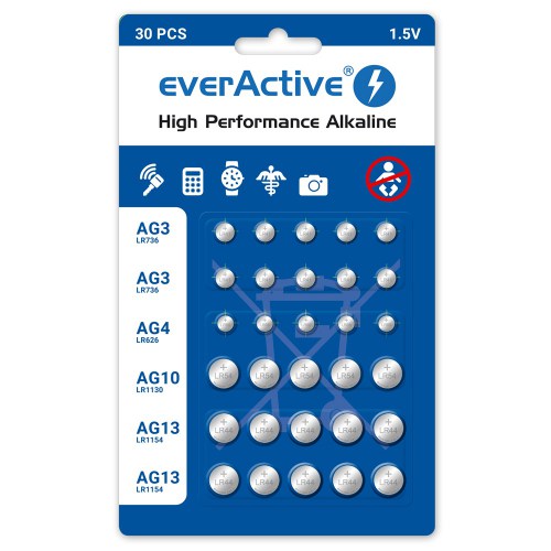 Zestaw 30 sztuk baterii alkalicznych mini everActive AG3, AG4, AG10, AG13