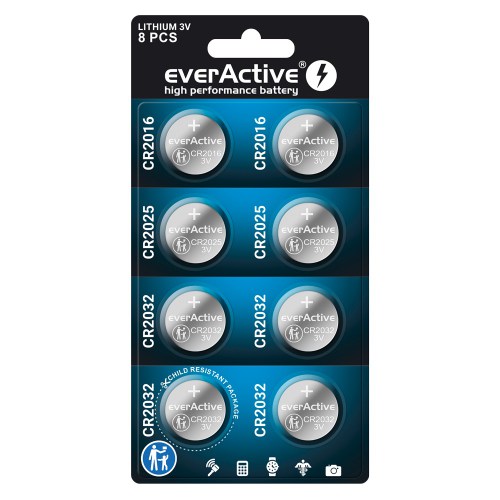 Zestaw 8 sztuk baterii litowych everActive CR2032, CR2025, CR2016