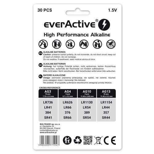 Zestaw 30 sztuk baterii alkalicznych mini everActive AG3, AG4, AG10, AG13