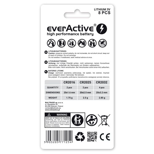 Zestaw 8 sztuk baterii litowych everActive CR2032, CR2025, CR2016