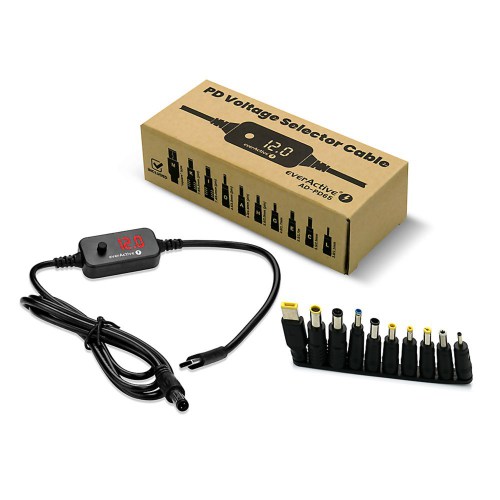 Uniwersalny zasilacz, selektor napięcia USB-C PD - DC 5V, 9V, 12V, 15V, 20V, 10 wtyków, everActive AD-PD65
