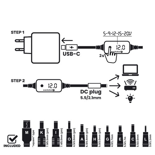 Uniwersalny zasilacz, selektor napięcia USB-C PD - DC 5V, 9V, 12V, 15V, 20V, 10 wtyków, everActive AD-PD65