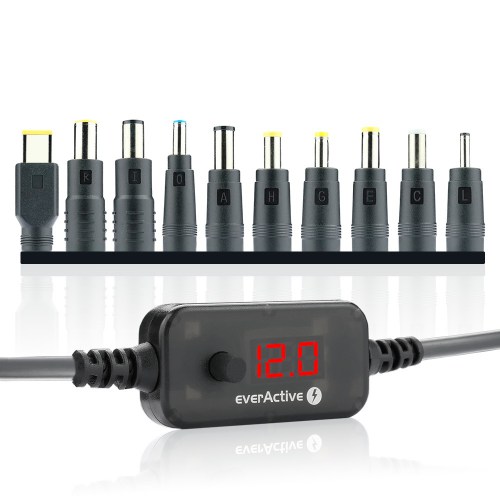 Uniwersalny zasilacz, selektor napięcia USB-C PD - DC 5V, 9V, 12V, 15V, 20V, 10 wtyków, everActive AD-PD65