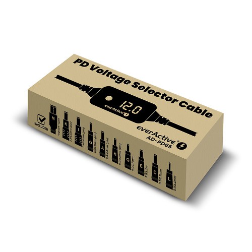 Uniwersalny zasilacz, selektor napięcia USB-C PD - DC 5V, 9V, 12V, 15V, 20V, 10 wtyków, everActive AD-PD65