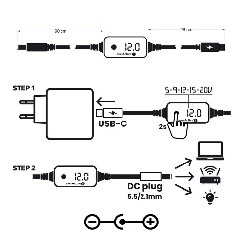 Uniwersalny zasilacz, selektor napięcia USB-C PD - DC 5V, 9V, 12V, 15V, 20V, 10 wtyków, everActive AD-PD65